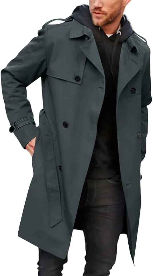 Runcati Herren Mantel Zweireiher Trenchcoat Langes Revers Business Jacke mit Gürtel