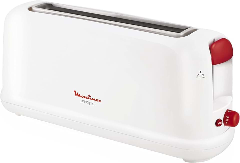 Moulinex Principio LS160111 Toaster mit langem Schlitz, 25 cm, Krümelauffangschale mit 7 Röststufen, Auftaumodus und Ausschalttaste, für große Brotsorten, weiß