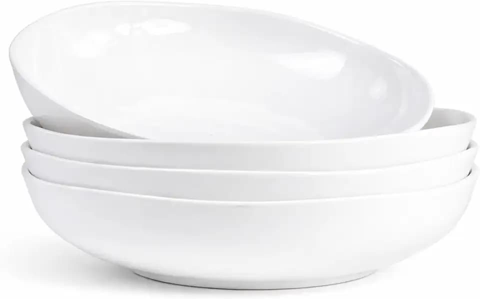 9 Inch Organic Shape Melamine Pasta Bowls Set of 4, 46 oz White Modern Salad Soup Dinner Bowls, Lightweight Shatter-Resistant Bowls for Indoor Outdoor Everyday Dining
