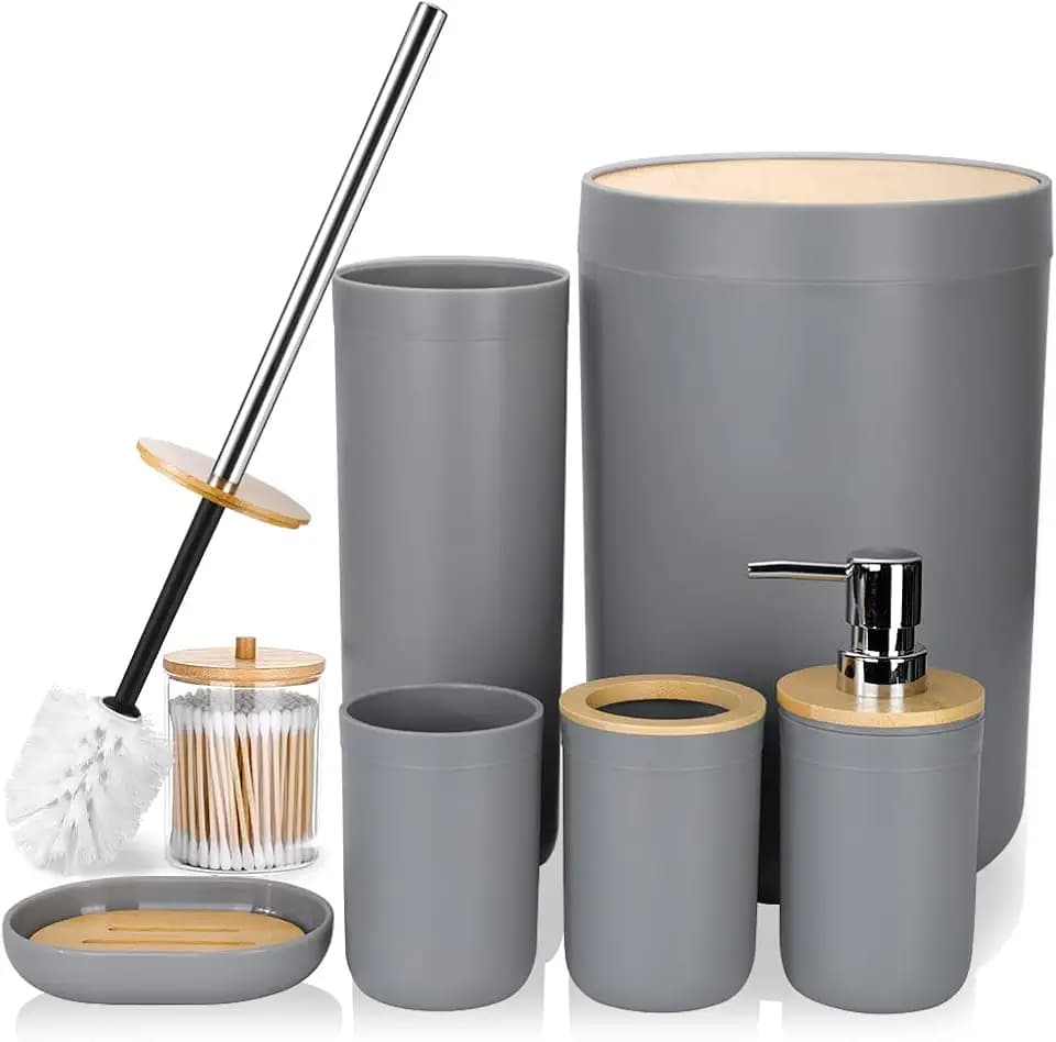 JOTOM 7 Stück Bambus Badezimmer Zubehör Badezimmer Zubehör Set Luxus Modern Bad Set Zahnbürstenhalter Becher Qtip Halter Toilettenbürste Set Seifenschale Mülleimer Seifenspender (Grau)