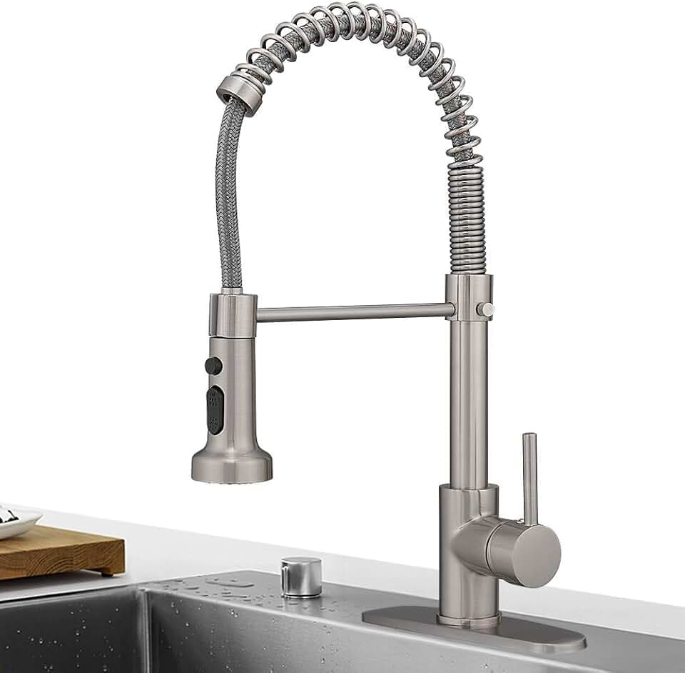 Hoimpro Brass Spring Kitchen Faucet with Pull Down Sprayer with Cover Plate, Rv Kitchen Sink Faucet with cUPC Hoses, 3 Function Single Handle Laundry Faucet, Brushed Nickel (1 or 3 Hole)