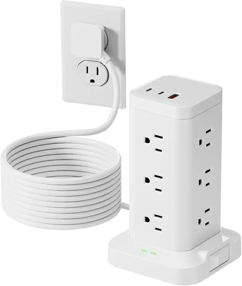 Power Strip Tower with Surge Protector 1800J, Fast Charging Tower PD20W USB-C Ports with 12 AC Outlets, Extension Cord for Home Office Dorm Room, 10ft, White