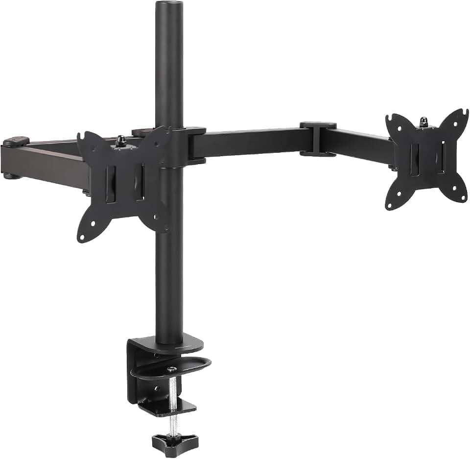 Amazon Basics Verstellbare Tischhalterung für Zwei Monitore, für Monitore bis zu 32 Zoll (81,3cm) und 10,0kg pro Arm, Einstellbare Spannung, VESA 75x75/100x100, Schwarz