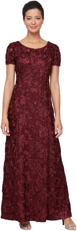 Alex Evenings Women's Long Rosette Mother of The Bride Dress with Short Sleeves