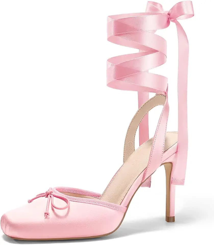 Coutgo Womens Ballet High Heels Satin Closed Square Toe Ballerina Heels Lace Up Bow Pumps Prom Shoes