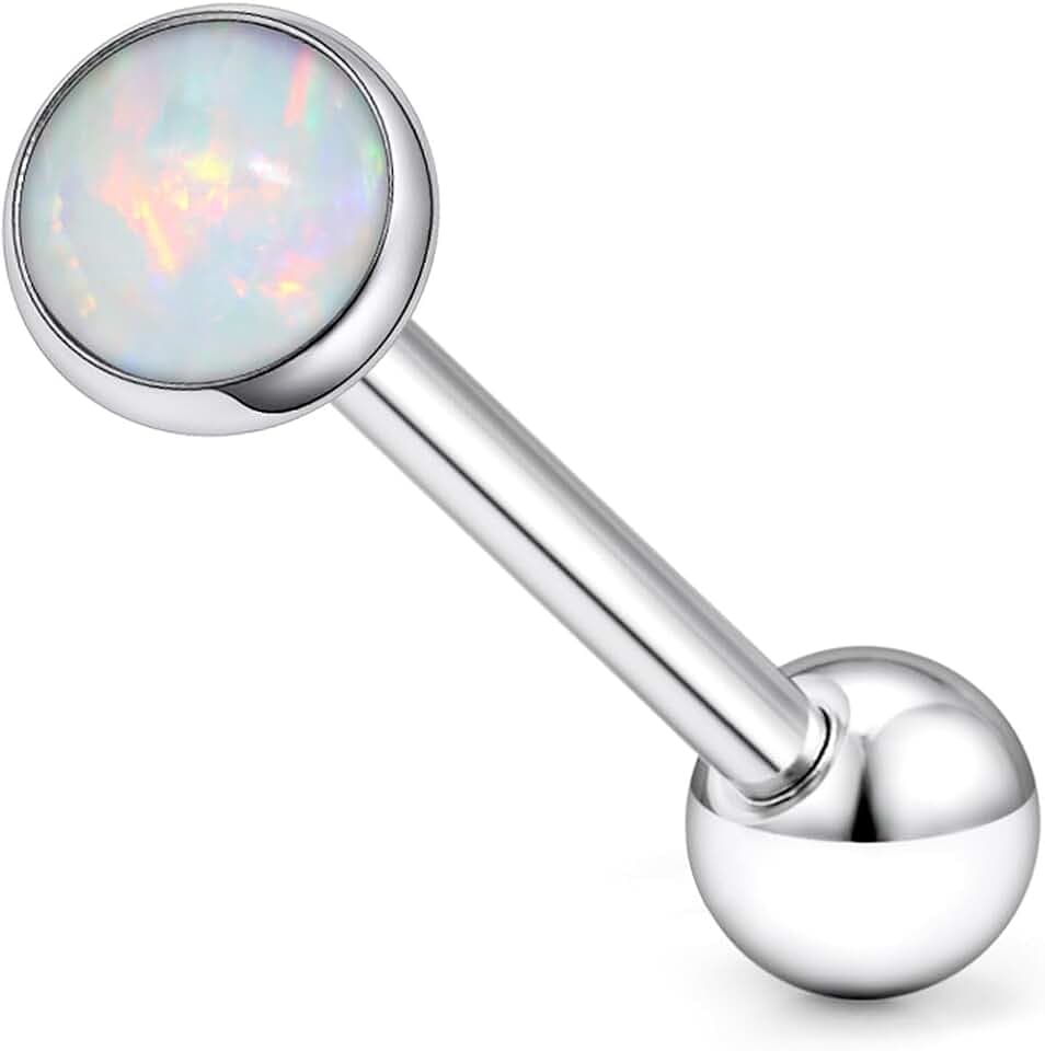 F136 Titanium Flat Buttom Multicolor Bezel Opal Tongue Rings Piercing Jewelry for Women Men 14g 5/8in 16mm Metal Tounge Barbell Charms Hypoallergenic