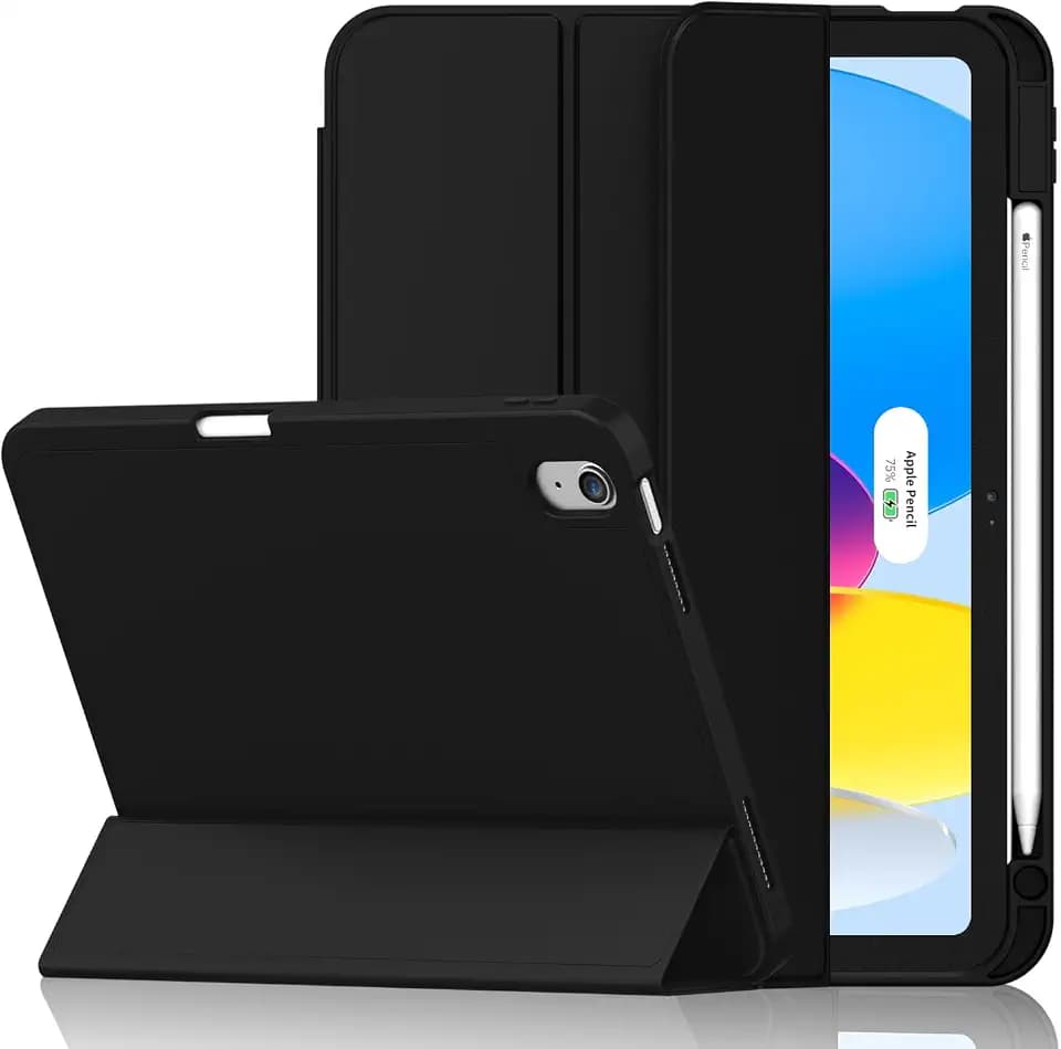 iMieet Case for iPad (A16)/iPad 10th Generation [11-Inch 2025/10.9 Inch 2022], Trifold Stand Smart Cover with Pencil Holder and Soft TPU Back, Supports Touch ID(Black)