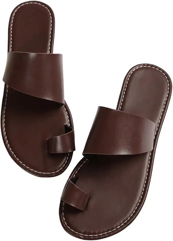 OYOANGLE Women's Toe Ring Summer Leather Flat Sandals Strappy Cute Flats