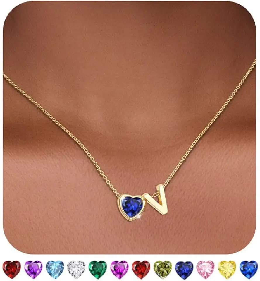 Heart Birthstone Initial Necklace for Women Girls,14K Gold Plated Heart Letter A-Z Necklace Birthday Trendy Jewelry Gifts for Women Girls Daughter
