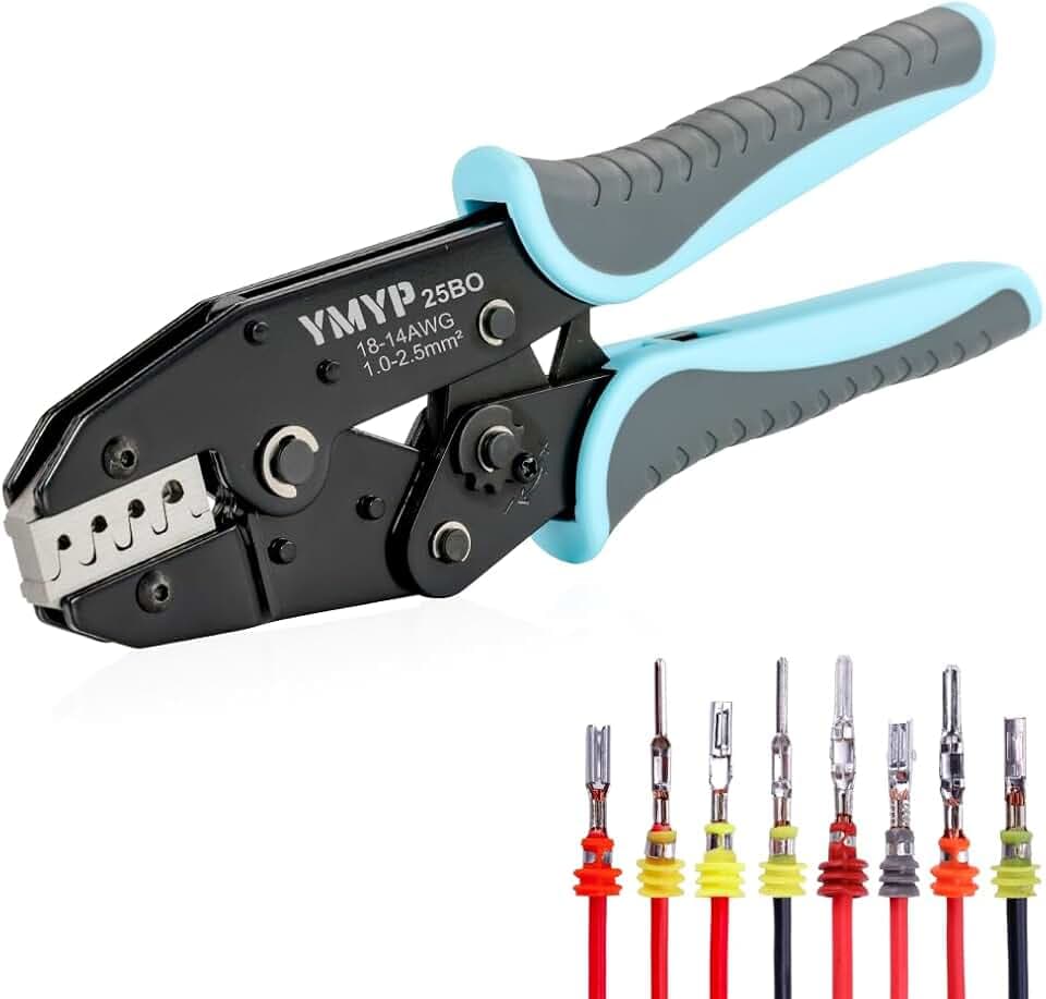 Crimping Tool for Delphi APTIV Weather Pack Terminals or Metri-Pack Connectors - AWG 18-13 (1.0-2.5mm²) with Chrome-Moly Steel Wire Cutting Jaw - One Cycle Crimping - Ratcheting Wire Crimper