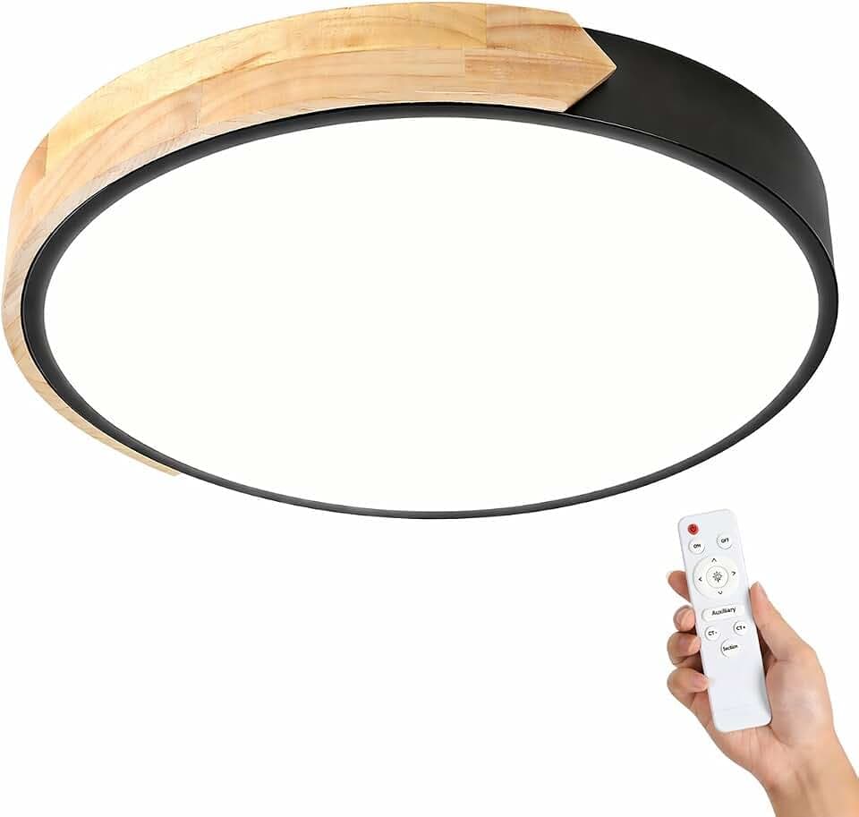 LED Deckenleuchte Dimmbar mit Fernbedienung, 48W 2170lm Deckenlampe 30 cm Holz Schwarz, 3Farben 3000-6000K mit Nachtlicht, Flach Rund, für Schlafzimmer, Kinderzimmer, Wohnzimmer