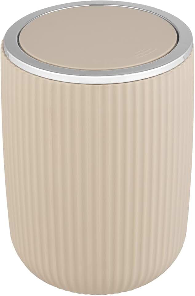 WENKO Schwingdeckeleimer Mod. Agropoli S Beige, 2 Liter, Badezimmer-Mülleimer mit Deckel, Abfalleimer aus hochwertigem Kunststoff mit strukturierter Oberfläche, Ø 14,5 x 20 cm