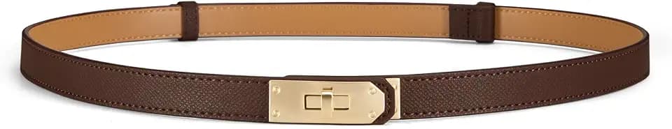 Women Skinny Leather Belt - Adjustable Dress Belt with Gold Buckle