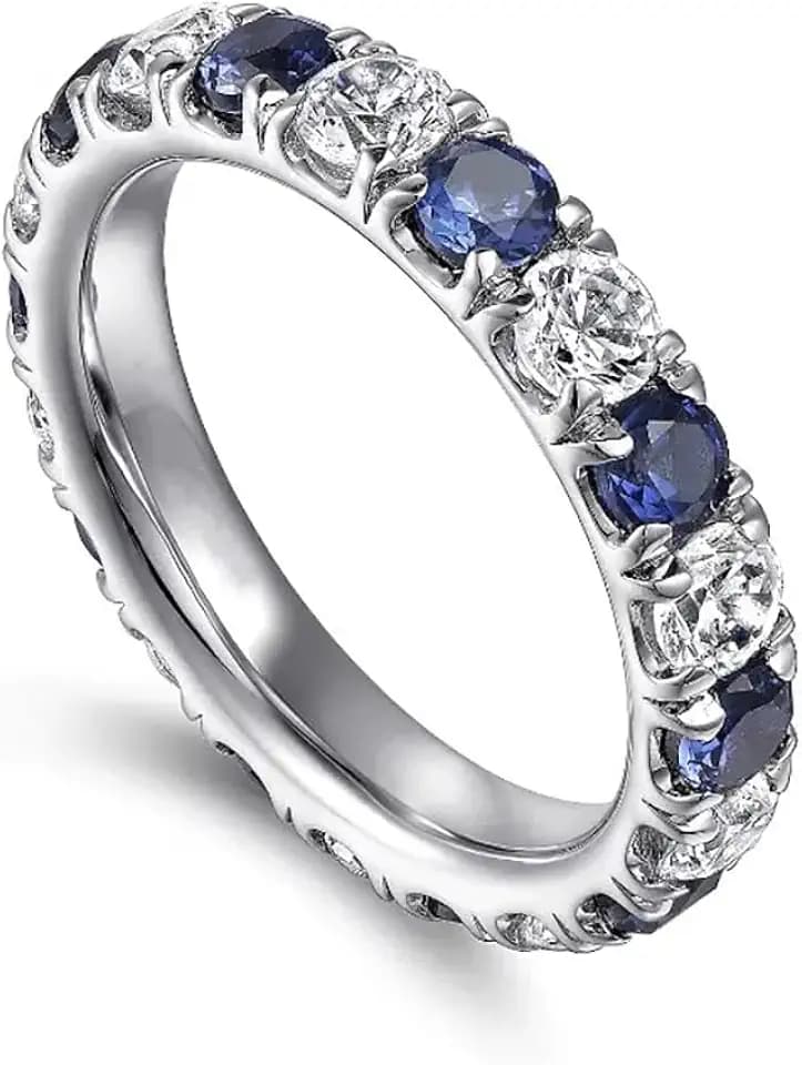 3mm Thin Band Eternity Rings 925 Sterling Silver White and Blue Created Sapphire Ring Cubic Zirconia Diamond Wedding Stackable Eternity Band for Women Bridal Anniversary Promise Everyday Ring 8#