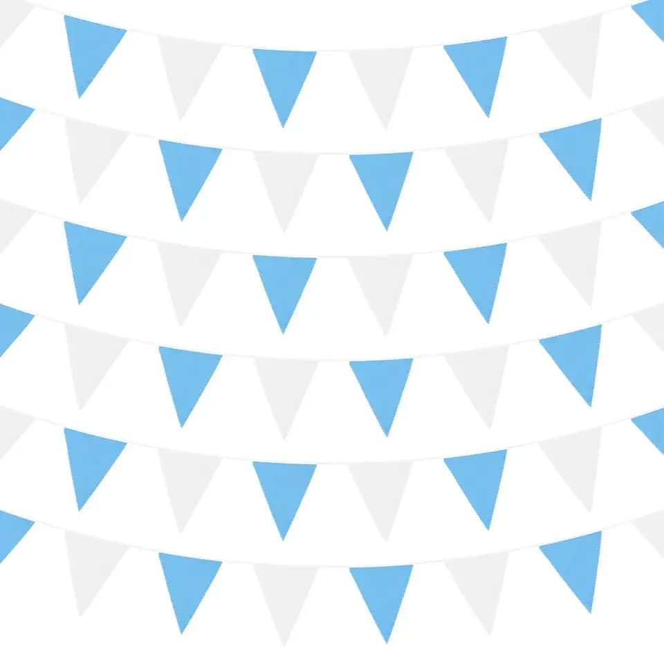 Zwiebeco 39Ft Blue White Fabric Bunting Banner Triangle Flags Party Hanging Cotton Garland Pennant for Summer Pool Seaside Beach Birthday Wedding Baby Shower Outdoor Garden Decorations 42PCS