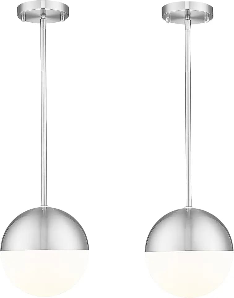 LMS 2 Pack Modern Pendant Lights, Mid Century Brushed Nickel Kitchen Lighting with White Globe Glass Shade, Adjustable Hanging Light Fixtures Ceiling Light for Home Office Dining Room, LMS-186BN2PK