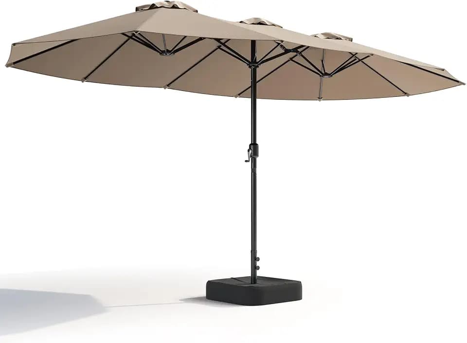 15FT Patio Umbrella, Double-Sided Outdoor Umbrella with base included, Large Standing Umbrella with Crank Handle & Ventilation, Rectangular patio umbrella for Pool, Backyard, Deck, Lawn & Beach, Khaki