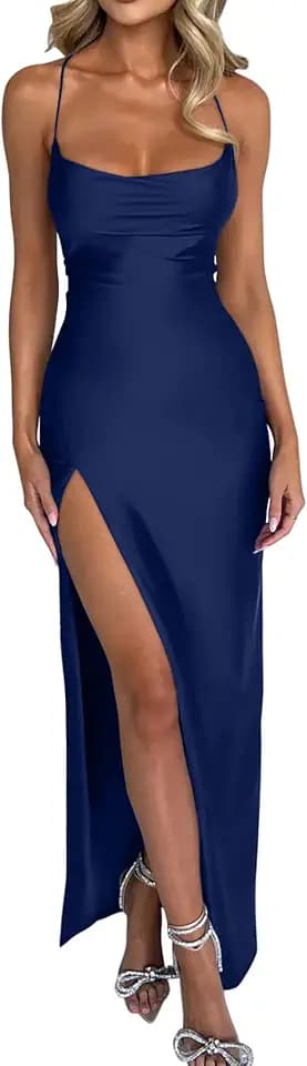 Memoriesea Women's Sexy Spaghetti Strap Bodycon Cowl Neck Party Cocktail Maxi Dress
