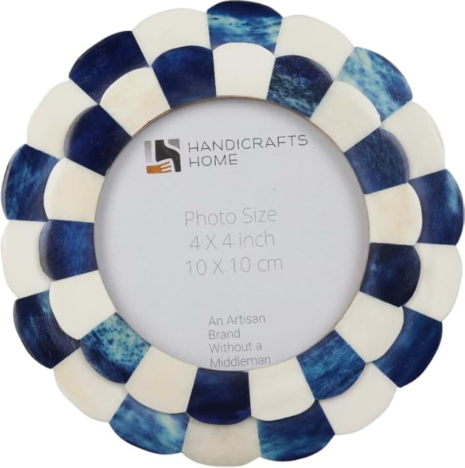 Handicrafts Home Handmade Scalloped Bone Inlay Round Blue Picture Frame,4x4