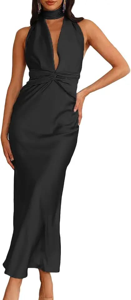Summer Sexy Satin Backless Halter Maxi Dress for Women Elegant Sleeveless v Neck Twist Wedding Guest Dresses Cocktail Black