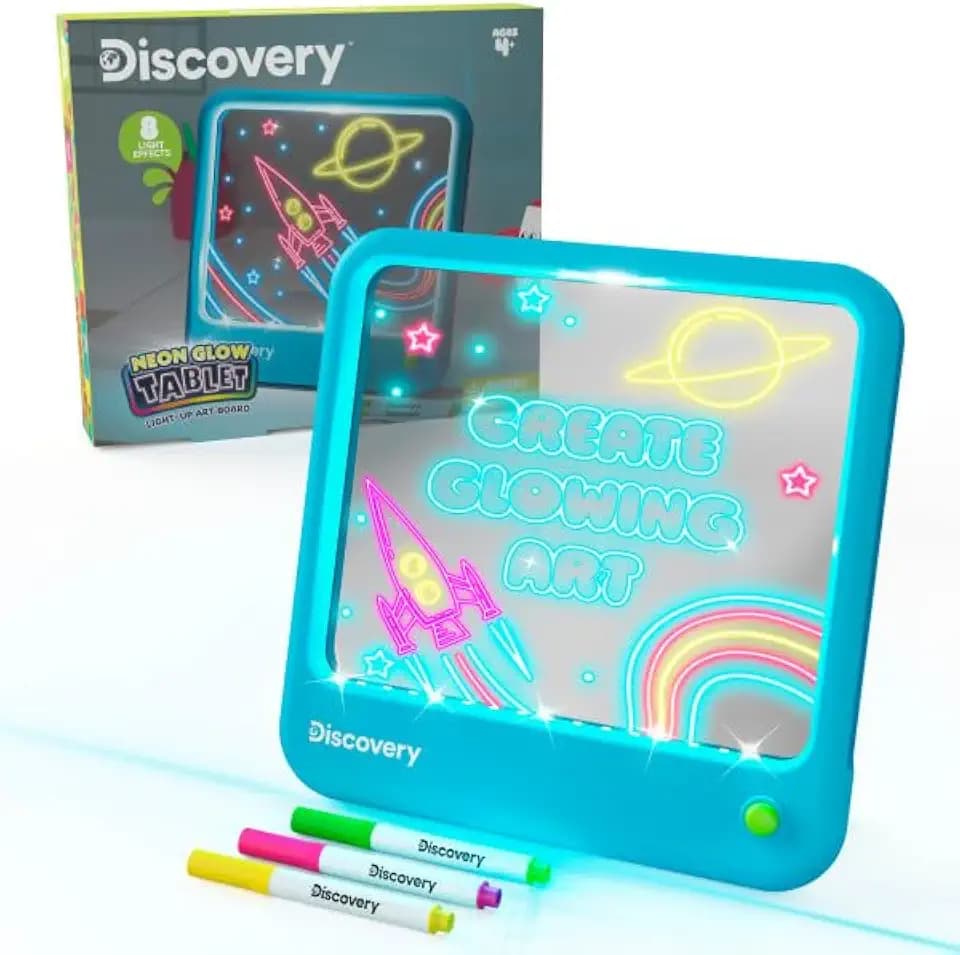 Discovery Neon Glow Drawing Board - LED Drawing Tablet for Kids| 8 Light Effects, 3 Washable Markers| Doodle Board Sketch Pad Art Kit| Built-in Storage & Display| Arts & Crafts Toy| Boys & Girls Gift