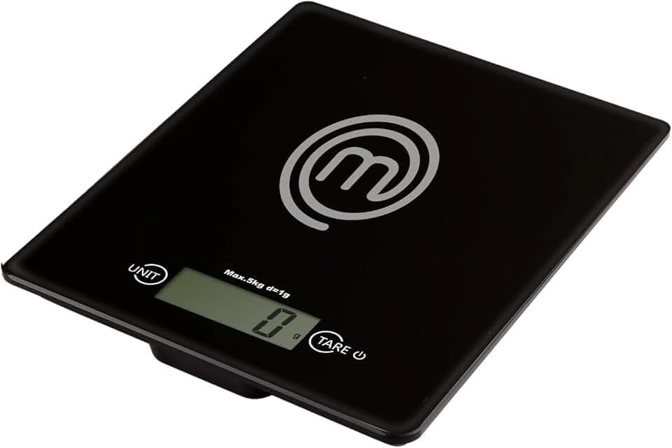 MasterChef Küchenwaage Digital, Waage zum Kochen und Backen, Kitchen Scale Klein für Gramm & Unzen (5kg-Grenze), Touch-Bedienung & Abschaltautomatik, Einscheibensicherheitsglas, Schwarz