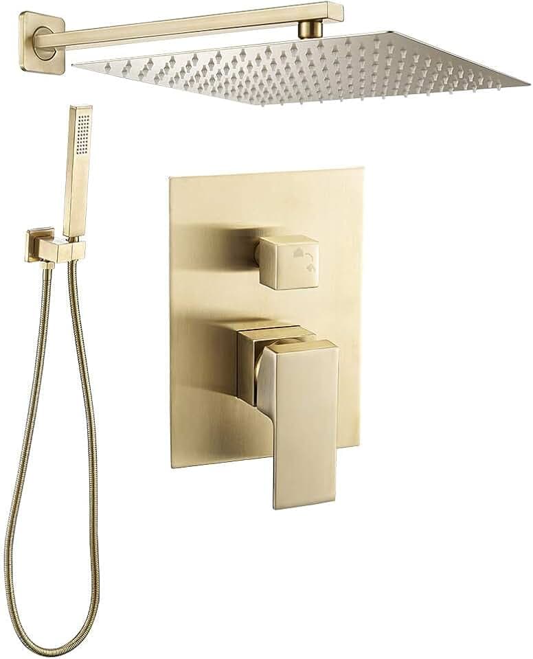VALAZ Unterputz Duscharmatur Gold Gebürstet | Duschsystem mit Regendusche Regeneffekt | 2-Wege-Einhebeldusche, Edelstahl, Kopfbrause 25cm | Schnelle Wandmontage, Elegant, Tajo-serie