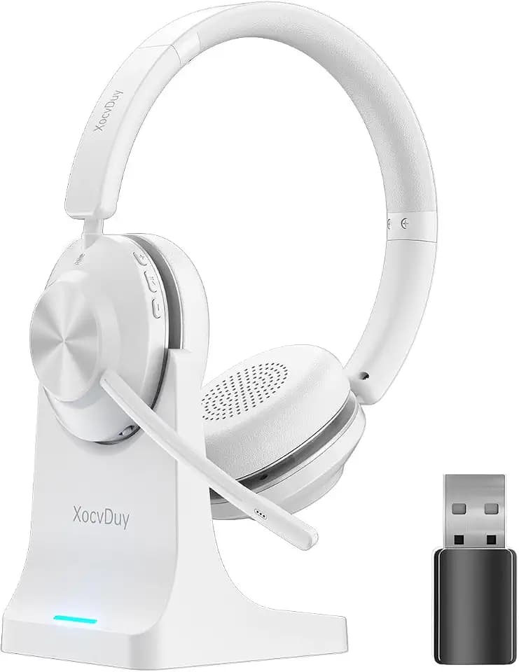 Bluetooth Headset, Wireless Headset with Mic for Work, Bluetooth 5.3, Wireless Headphones with AI Noise Cancelling Microphone (Clear Calls & Mic Mute), USB Dongle, for Computer/PC(White)
