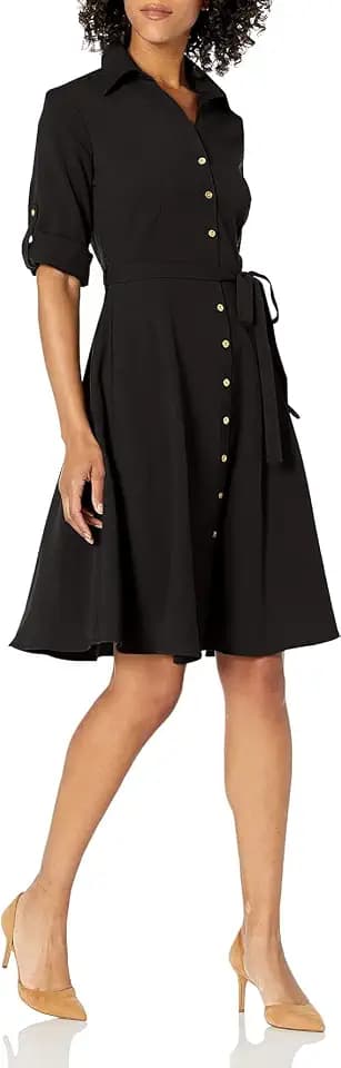 Sharagano Women's Pleated Shirt Dress – 3/4 Sleeve, V-Neck, Gold Buttons