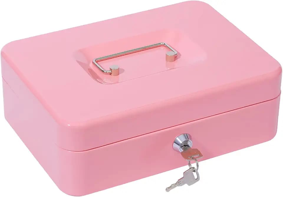 Geldkassette mit Schlüssel, tragbare Kasse mit Münzfach, kleine abschließbare Geldkassette für Haus, Büro und Veranstaltungen, 25 * 18 * 9cm(Rosa)