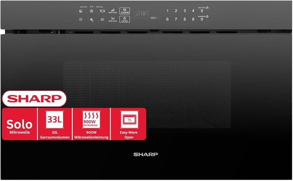 SHARP RINDS333FB SCHUBLADEN - Mikrowelle 33 L Flat-Table – 900 W, 11 Leistungsstufen, 26 Automatikprogramme, Sensorfunktionen, Einbau-Mikrowelle, schwarz