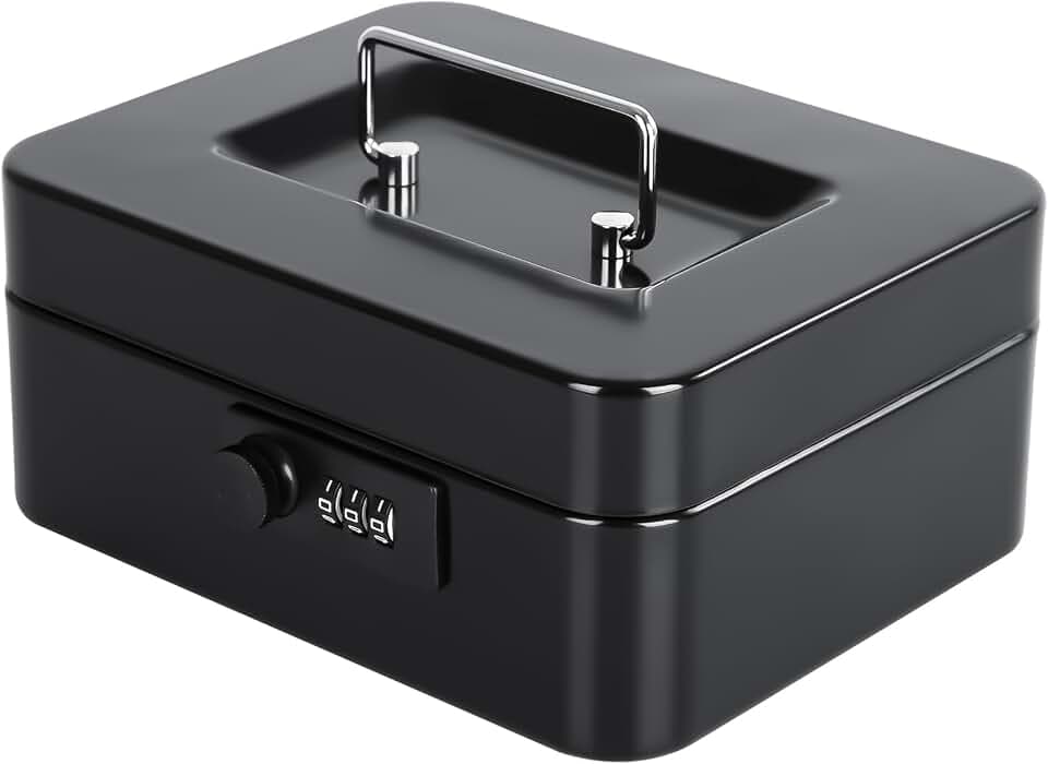 KYODOLED Small Cash Box with Combination Lock & Removable Money Tray, Black