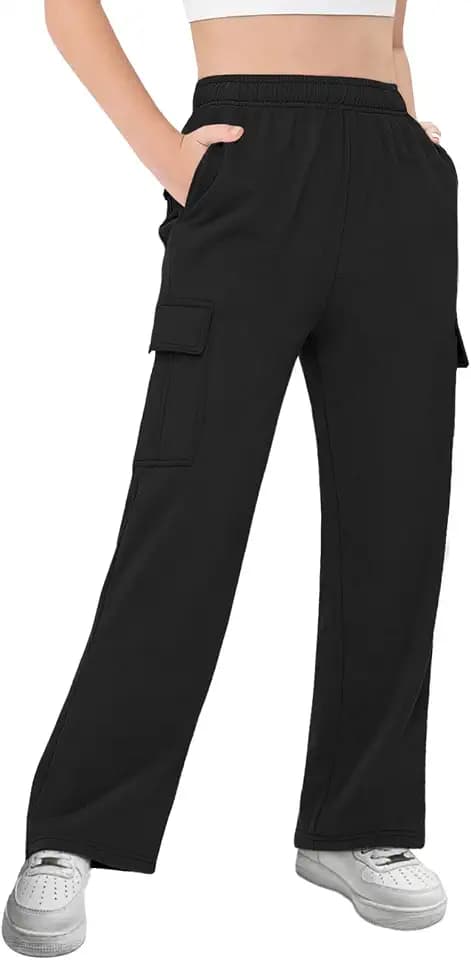 Haloumoning Girls Kids Cargo Sweatpants Wide Straight Leg Jogger Pants 5-14 Years Black
