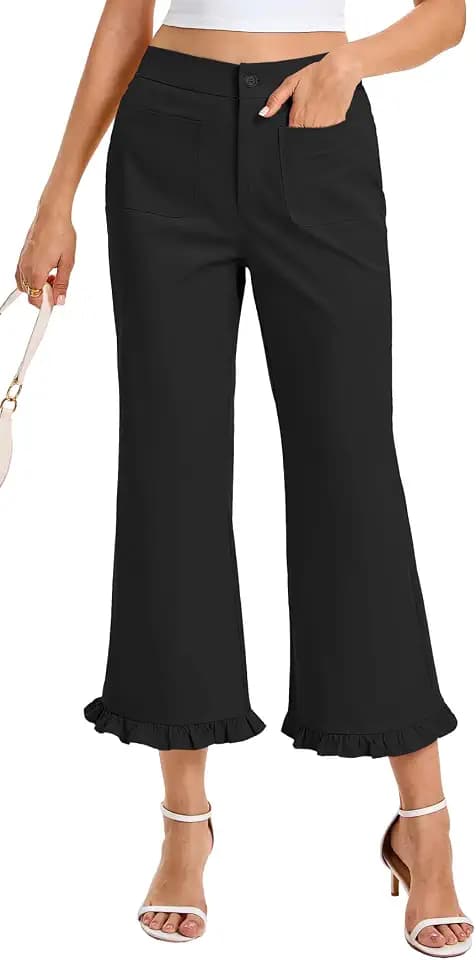 SCOFEEL Womens Ruffle Hem Capris Pants High Waisted Wide Leg Cropped Flare Pants Elastic Waist Trousers with Pockets
