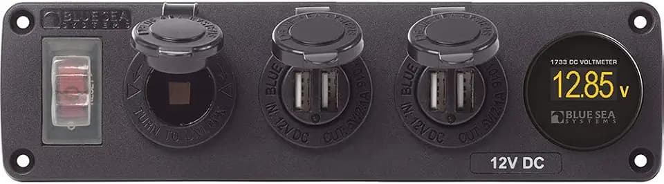 Blue Sea Systems 4368 Water-Resistant Accessory Panel, 12V Socket, 2x 2.1A Dual USB Chargers, Mini Voltmeter