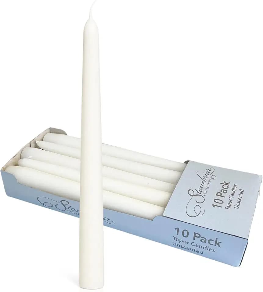 Stonebriar Unscented Taper Candles — 7 Hour Burn Time, Candle Stick Candles for Weddings, Holidays, Home Décor & Special Events, Pack of 10, White, 10"