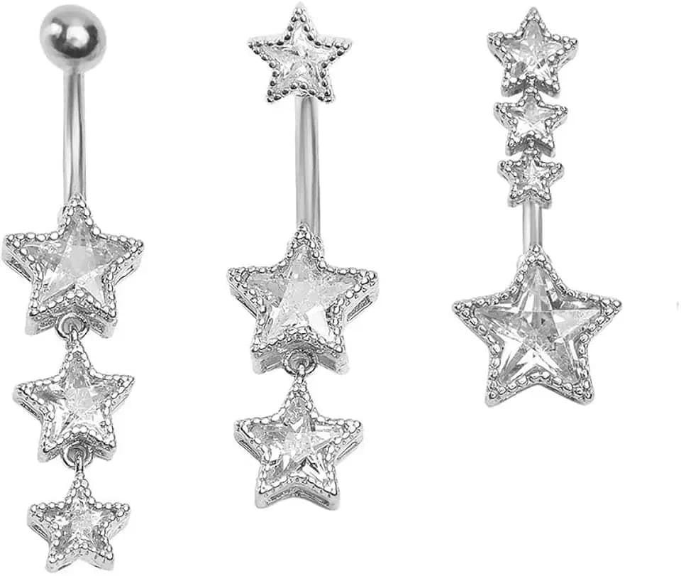 3Pcs 14G Stainless Steel Dangle Belly Button Rings Cubic Zirconia Heart Star Round Belly Navel Barbell Rings Belly Piercing Jewelry for Women