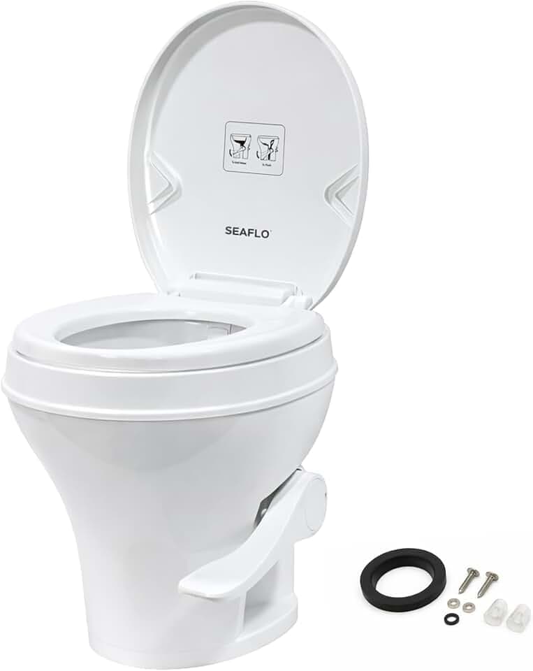 SEAFLO RV Toilet – 18.4" Residential Height, Gravity Flush Foot Pedal, 4-Year Warranty, Fits Most RVs (9.5" Rough-In), Soft Close Seat, 2-Bolt Mount, for Camper Travel Trailer Motorhome SFRTPH-01-01