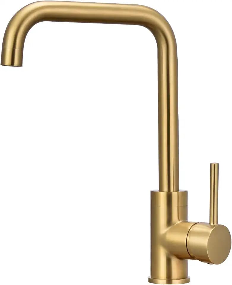 Küchenspüle-Mischbatterie, hoher Bogen, 360 Grad schwenkbarer Auslauf mit Belüfter, rechteckiges Design, Doppelhebel, Monoblock-Wasserhahn, heißes und kaltes Wasser, Mono-Wasserhähne, gebürstetes Gold