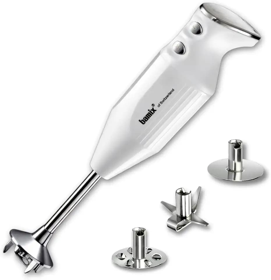 bamix Stabmixer Set M250 PRIME inkl. Multifunktionsmesser, Quirl, Schlagscheibe aus Edelstahl, 250 Watt, 2-Stufen, Made in Switzerland, Weiß/Chrom