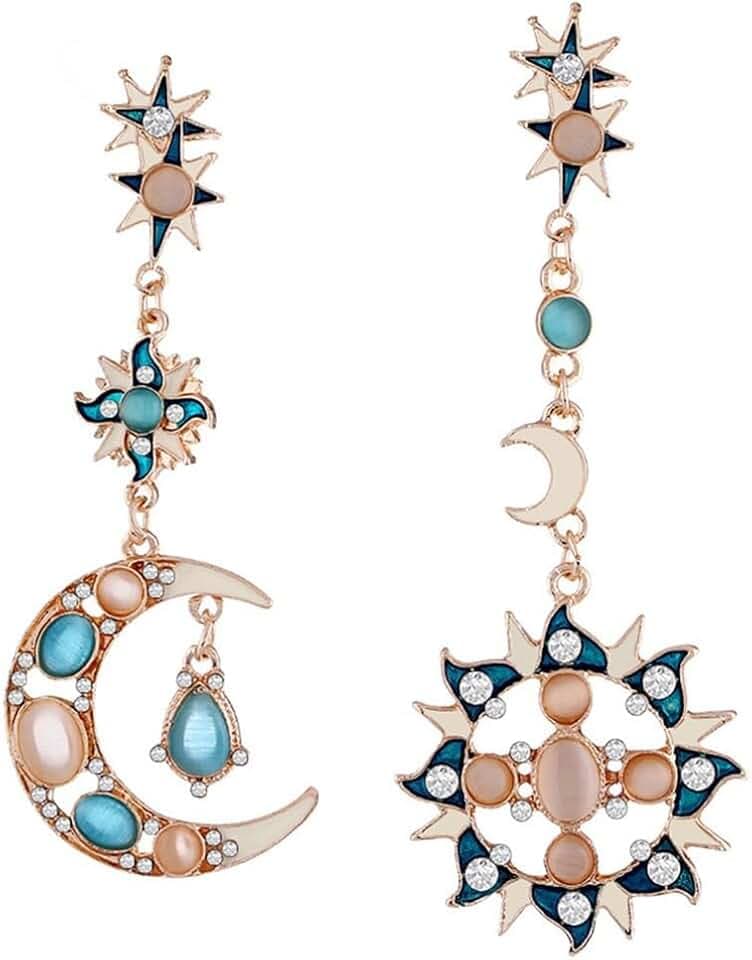 Boho Sun Moon and Stars Drop Dangle Earrings,Bohemian Statement Earrings for Women Girls Asymmetrical Celestial Jewelry Gift
