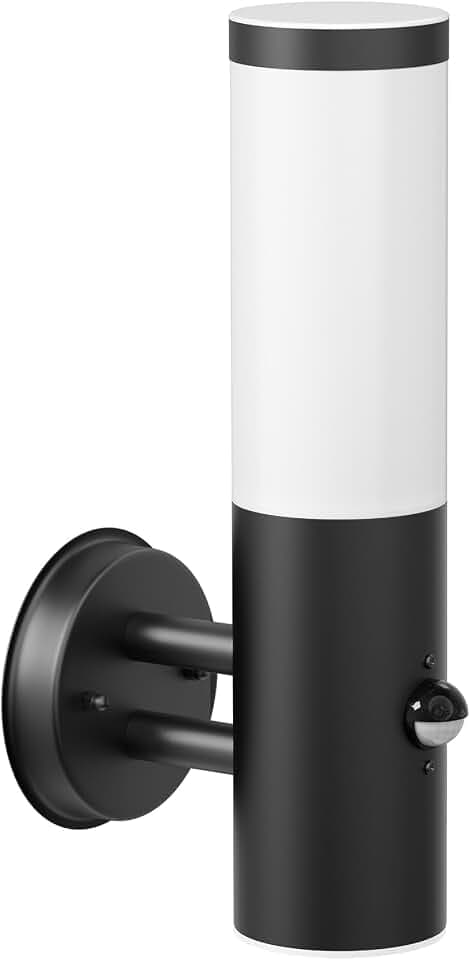 ledscom.de Wandleuchte PORU für außen, IP44, Bewegungsmelder, Edelstahl, schwarz matt, rund, 1x E27 max. 15W