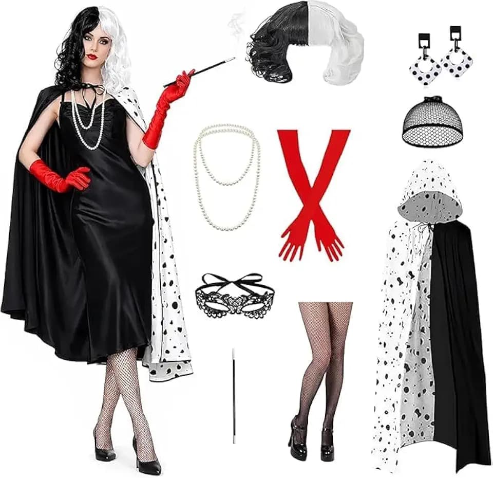 Cruella Kostüm Damen, Cruella Devil Kostüm, mit Umhang und Kapuze, Schwarz-Weiße Perücke, Handschuhe, Ohrringe, Halskette & Maske, Karneval Kostüm Frauen für Karneval, Mottoparty, Halloween & Cosplay