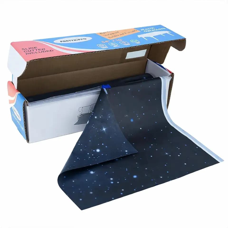 Disposable Tablecloth Roll 54" x 100' with Built-in Cutter Box – Heavy Duty Waterproof, Wrinkle-Resistant Plastic Table Cover – Cut to Size for Rectangle, Round & Oval Tables – Starry Sky