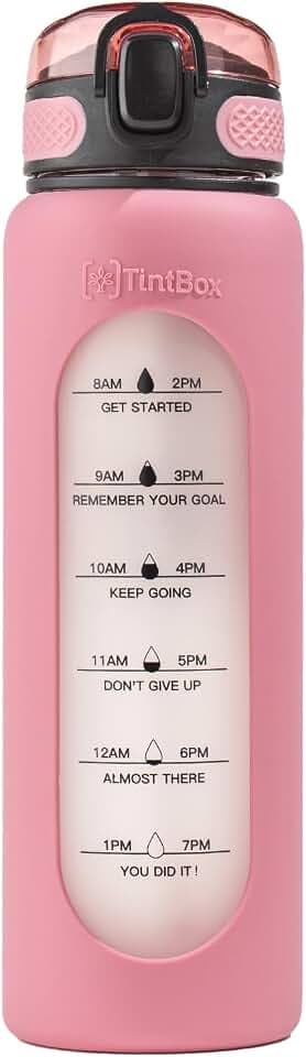 1 Litre Motivational Borosilicate Glass Sipper with Silicone Sleeve, Time Markings, Leak-Proof (Venus Pink)