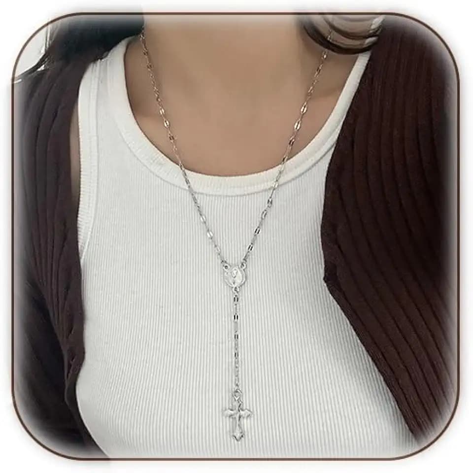 Gold Plated Cross Long Y Necklace Trendy Punk Retro Silver Pendant Necklace Collarbone Dainty Faith Christian Accessories