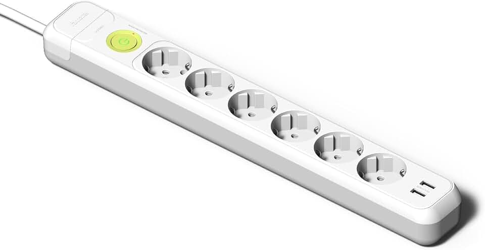 FAMATEL – Steckdosenleiste mit 6 Steckern + 2 USB-Buchsen + Schalter | 1,5m Kabel | Mit TT | 16A | 250V | Weiß | USB-Schnellladestecker | Überspannungsschutz