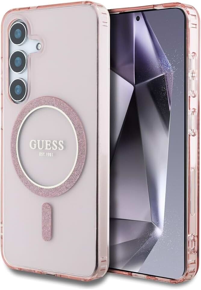 CG MOBILE Guess Glitter Circle Classic Logo, kompatibel mit MagSafe Hülle für Samsung Galaxy S25 (Pink)