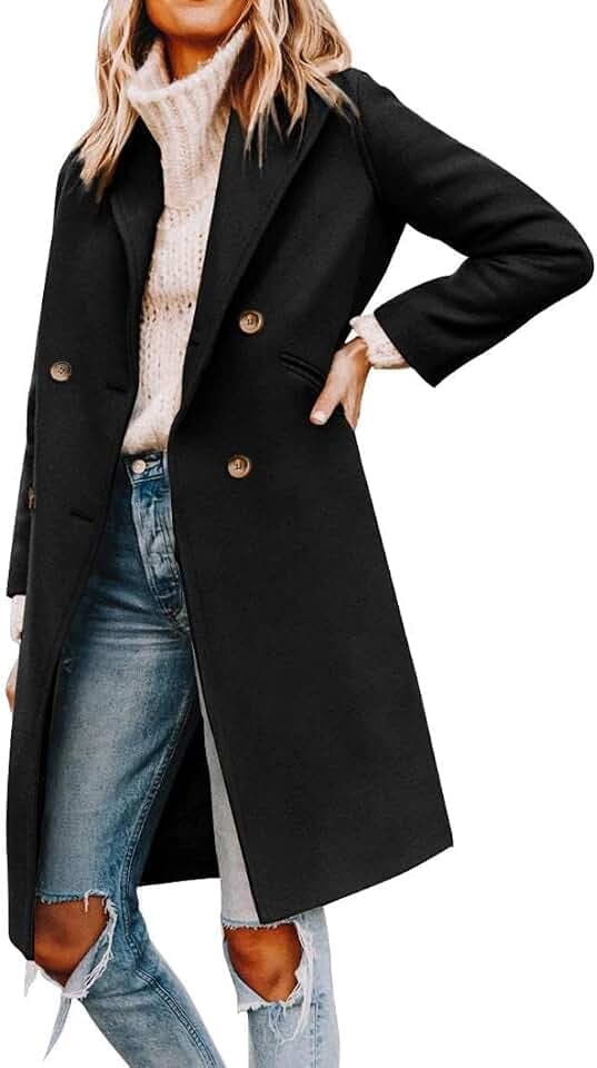 Cicy Bell Damen Mantel mit gekerbtem Reverskragen, zweireihig, Erbsenmantel, Wintermantel, Wollmischung, lange Jacken