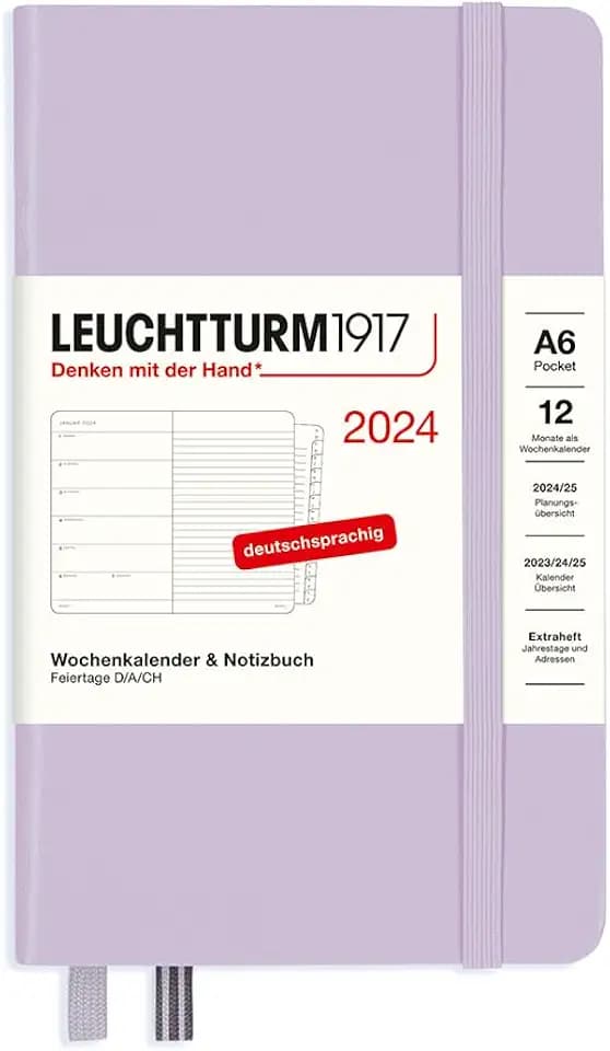 LEUCHTTURM1917 367730 Wochenkalender & Notizbuch Pocket (A6) 2024, mit Extraheft für Adressen und Jahrestage, Lilac, Deutsch, 12 Monate